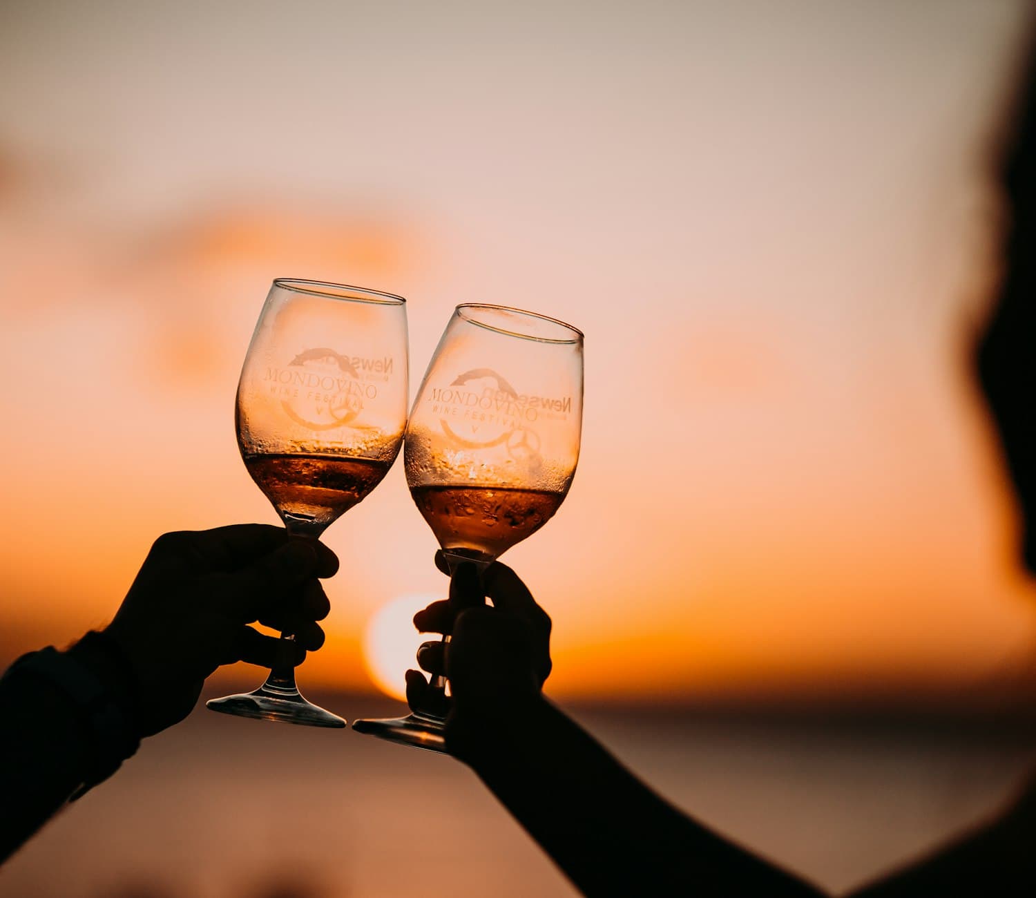 Two wine glasses raised against a sunset